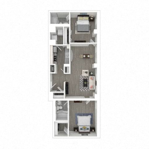 A floor plan of a small apartment with a kitchen, living room, and bedroom.